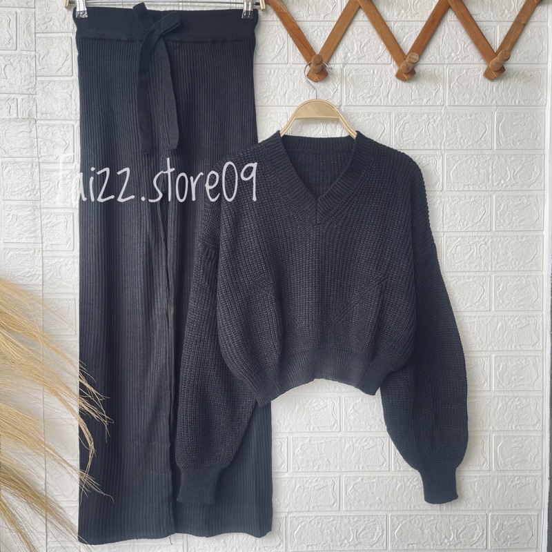 ONE SET HAYANA SWEATER CROP TOP SIDO BOLONG SETELAN CELANA KULOT RAJUT