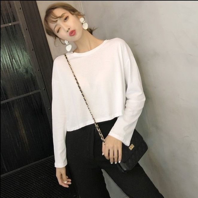 Red Gaya Korea Longgar Lengan Panjang Pendek Halter Top Warna Solid T-shirt Seksi Bottoming Kemeja Warna Solid Student T-shirt Wanita s1097