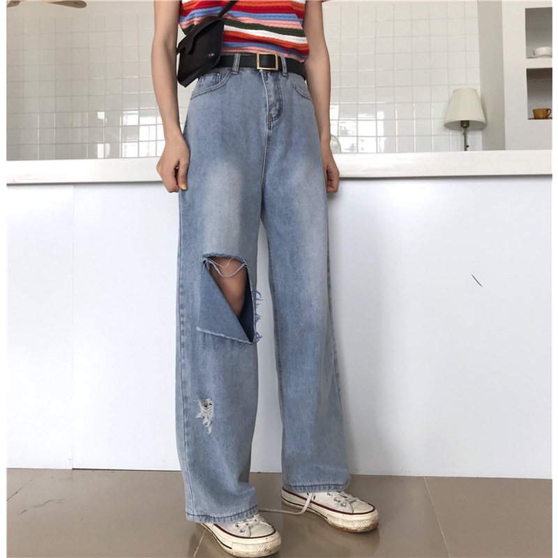 Korean Highwaist Sobek Celana Jeans Wanita Loose Murah Ukuran Jumbo