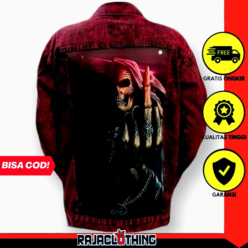 RCL - Jaket Jeans Printing Sanwash Maroon Gambar Stupit Tengkorak