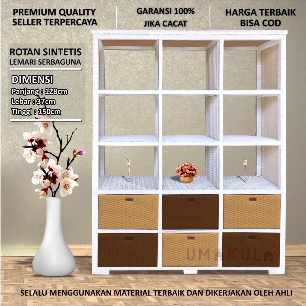 Lemari Rotan Sintetis Pembatas Ruangan Ruang Tamu 6 Laci dan 9 RAK Warna Warni Bufet Buffet Buku Hia