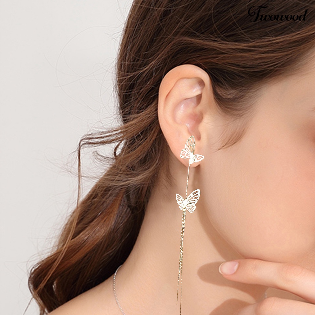 Anting Juntai Panjang Model Hollow Butterfly Bahan Metal Untuk Wanita