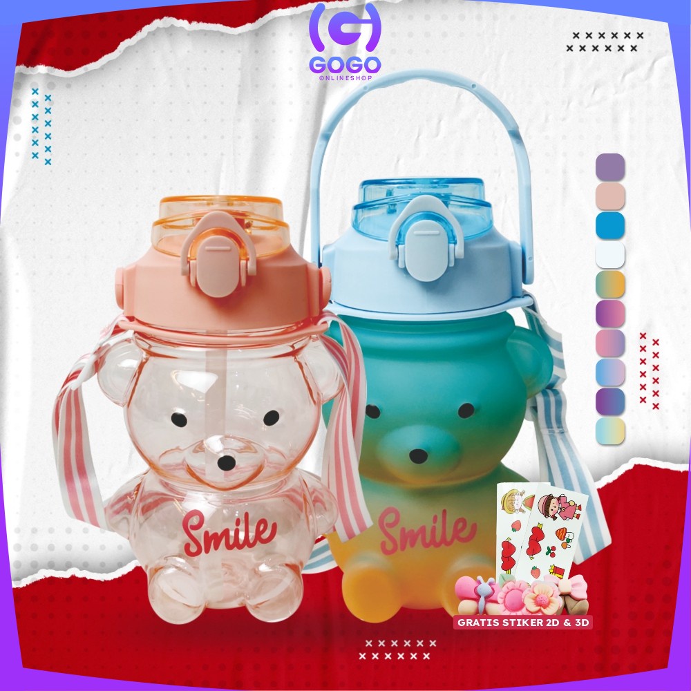 GOGO-C589 C592 Botol Minum Anak Boneka Bear Beruang 1 Liter Polos Gradasi / Tumbler Minum Anak Karakter Bear Gemoy Pelangi