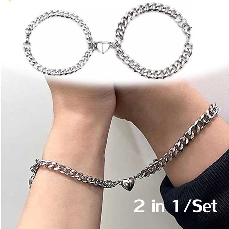 2pcs / set Gelang Rantai Magnetik Liontin Hati Bahan Titanium Steel Warna Silver Untuk Pria Dan Wanita