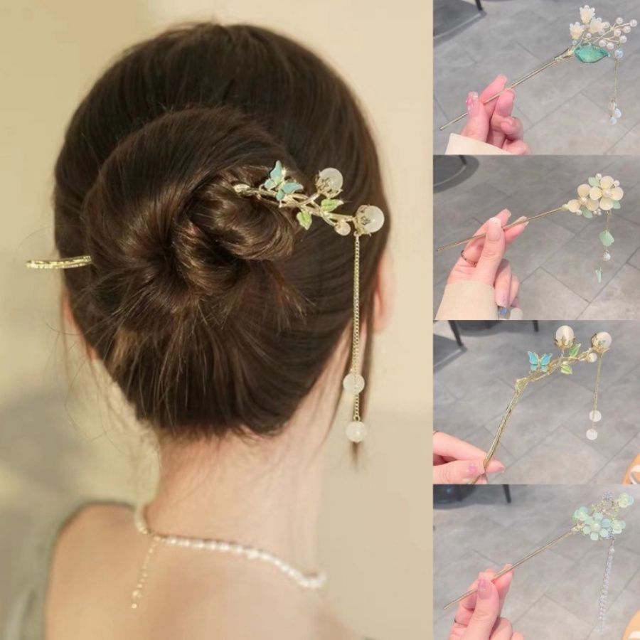 Tusuk Konde Bahan Metal Desain Bungarumbai Manikmanik Kristalmutiara Gaya Retro Untuk Wanita