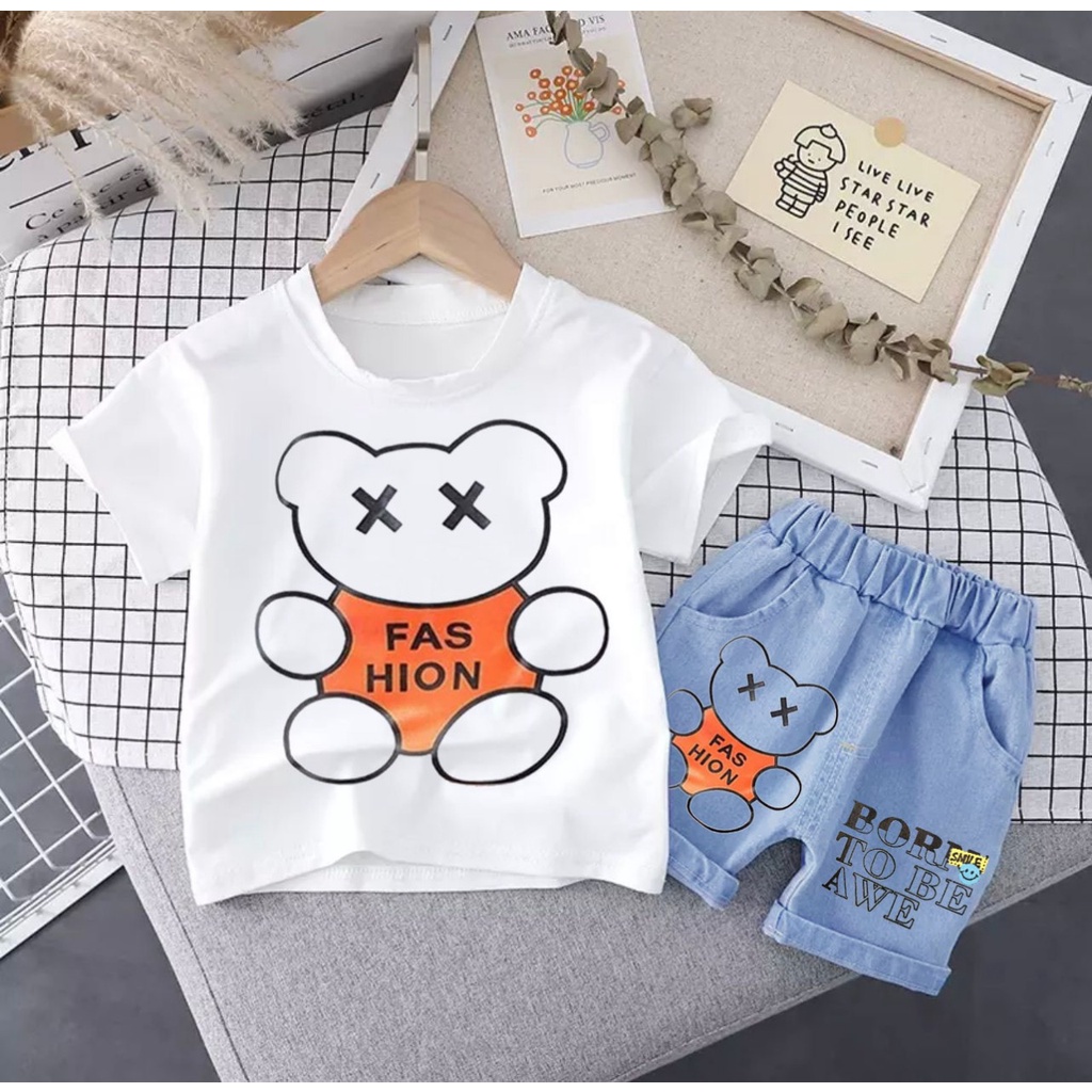 SETELAN ANAK BAJU KAOS BAHAN KATUN CELANA PENDEK BAHAN DENIM UMUR 1-5 TAHUN MOTIF BEAR FASHION BAJU ATASAN ANAK LAKI LAKI PEREMPUAN TERBARU OUTFIT ANAK MASA KINI SETELAN ANAK FASHION ANAK TERLARIS