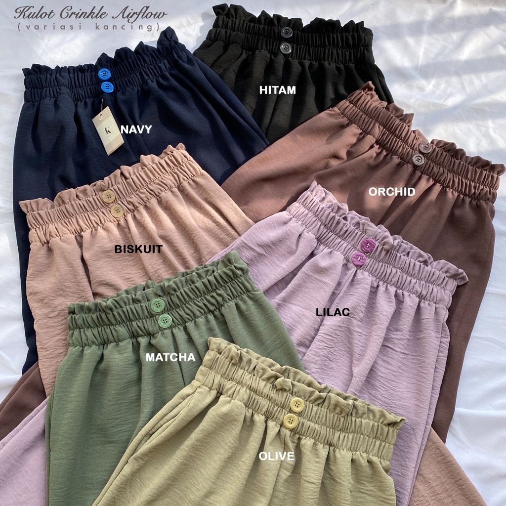 CELANA KULOT HIGHWAIST CRINKLE KANCING DUA | CELANA CRINKLE AIRFLOW VARIASI KANCING KEKINIAN