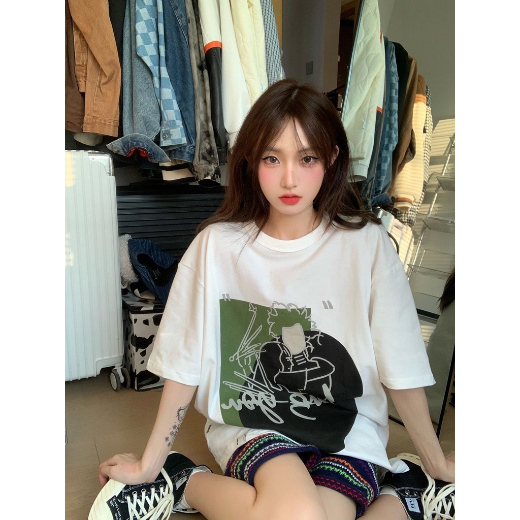 EUNII T-shirt Lengan Pendek Cartoon Graffiti Figure Korean Style/Kaos Atasan Wanita/Baju Kaus Oversize Wanita