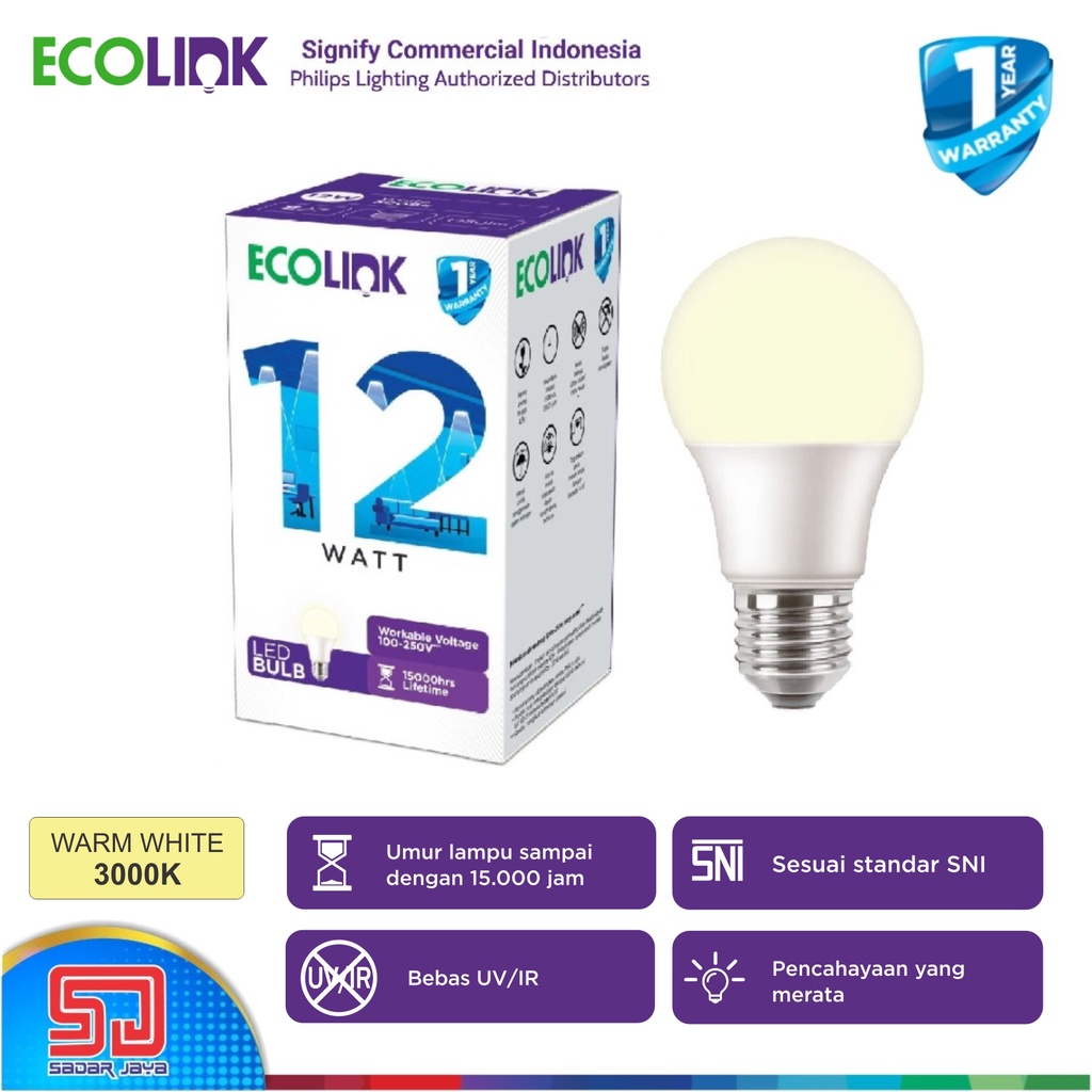 ECOLINK Lampu 12W LED 12Watt Bulb Bohlam 12 Watt - 3000K Warm White Kuning Hangat