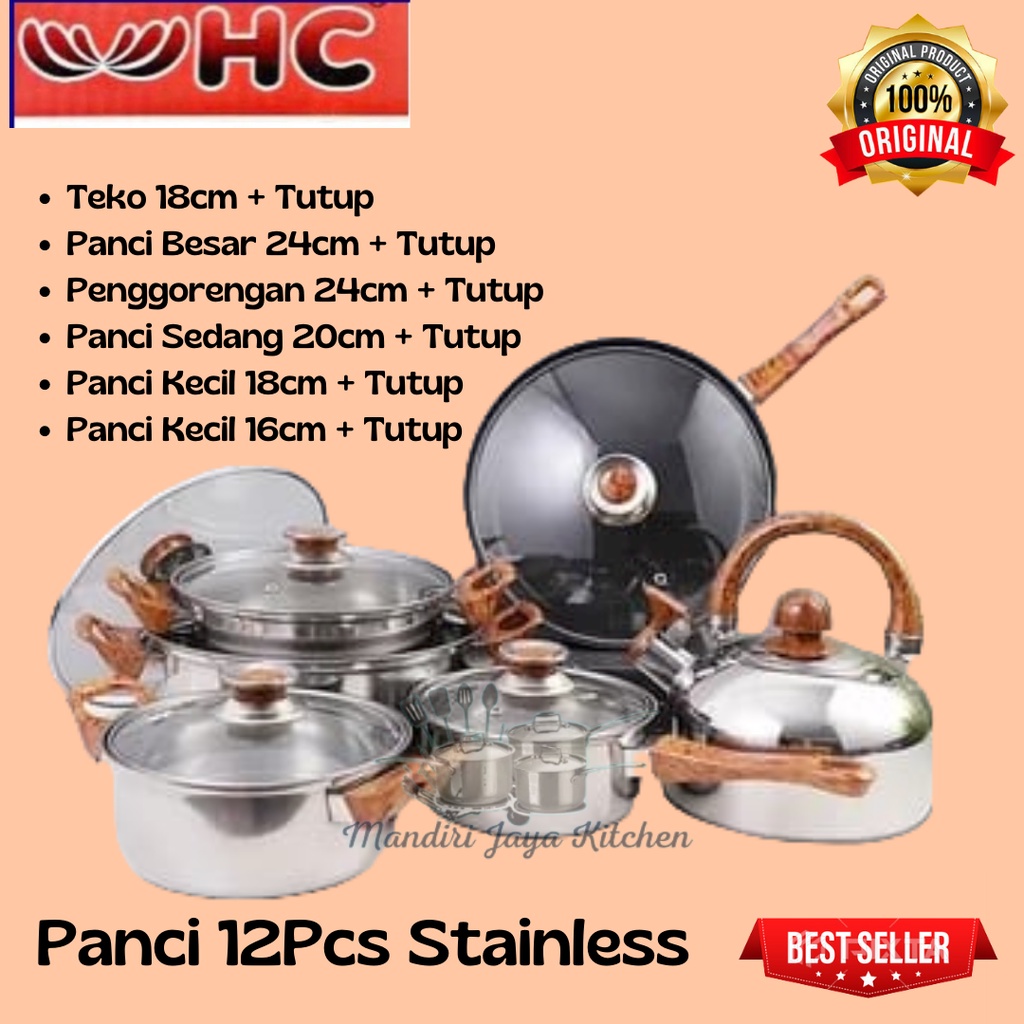 Panci 12pcs Stainless Steel Gagang Kayu HC / Panci Set Stainless Tebal / Panci HC 12pcs Stainless Steel