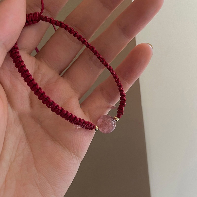 Gelang Tali Kepang Dengan Charm Bunga Kristal Strawberry Untuk Wanita