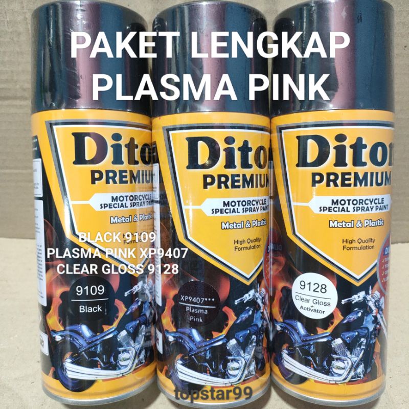 Pilok Cat Diton Premium Paket Lengkap 3 Kaleng Plasma Pink XP9407 Xirallic Xiralic Ping Black 9109 Clear Gloss 9128 400cc Pilok Paketan Cat Semprot Special Spray Paint