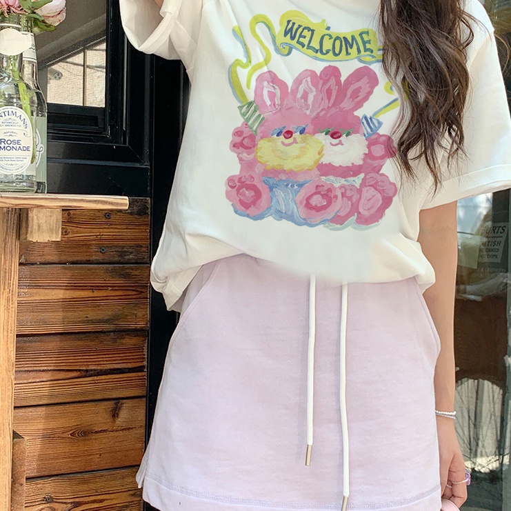 Print T-shirt Kaos Lengan Pendek Wanita Pink Bear Oversize Korean Style