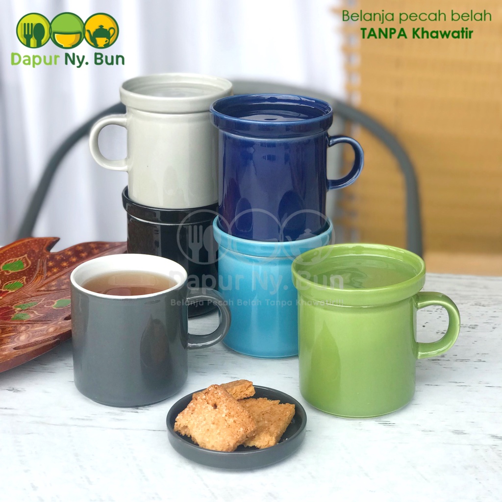 Mug Tutup Coaster Warna Polos 240Ml Stackable Keramik Gercep