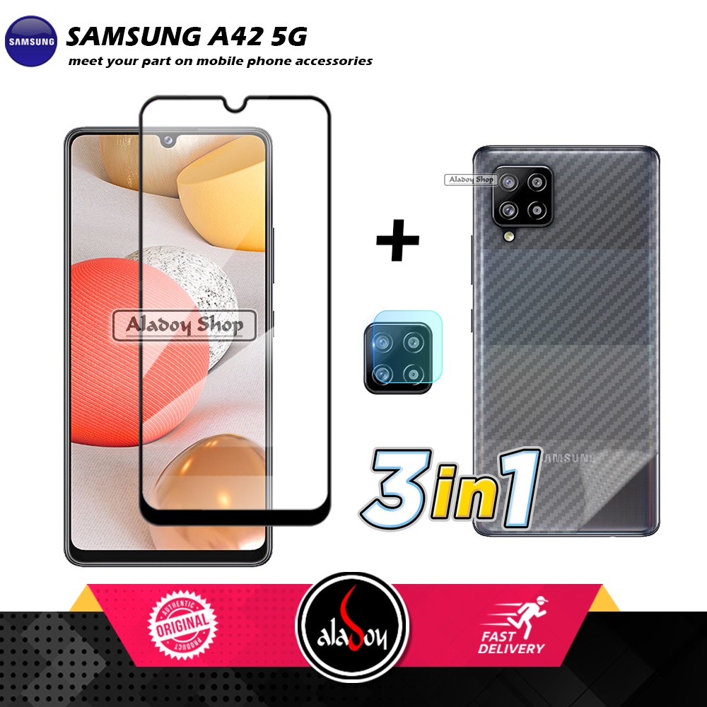 PROMO 3 IN 1 PAKET Tempered Glass Samsung A42 5G Free Tempered Glass Camera dan Skin Carbon
