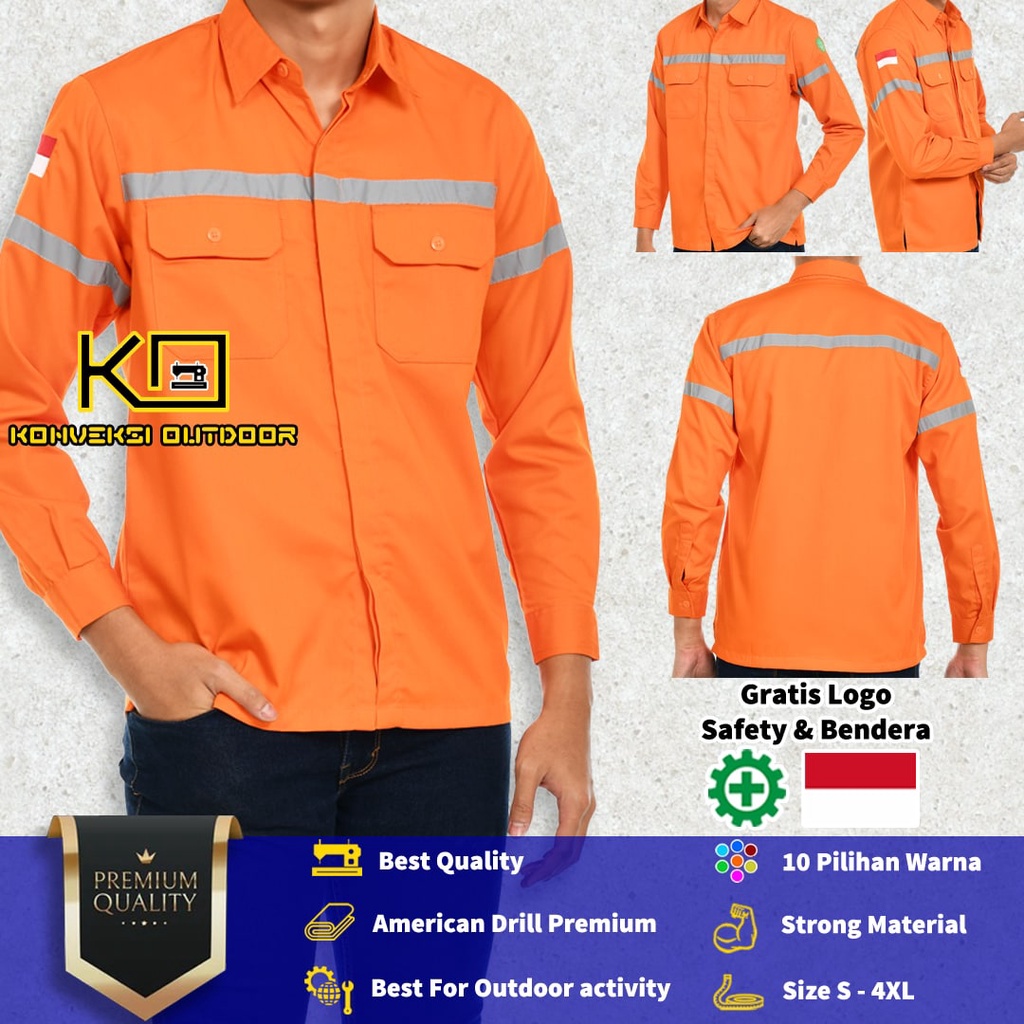 KEMEJA WEARPACK BAJU SAFETY K3 OUTDOOR INDOOR - Seragam Kemeja Kerja Lapangan Lengan Panjang Proyek Bangunan Tambang Alat Berat PLN Enginer Instalasi Mesin werpek sefti Scotlit Warna Orange Konveksi Outdoor