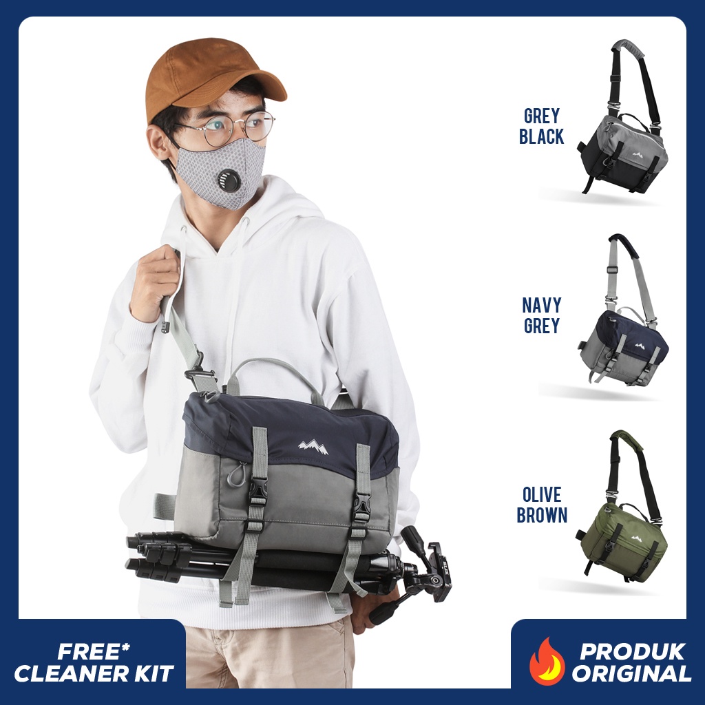 ATLAS NAVY GREY x SOLLU Tas Kamera Selempang Pria Wanita Slingbag Lensa DSLR Mirrorless Tripod Sling Bag Camera Multifungsi Casual Camera Shoulder Bag Premium Unisex Shoulderbag Tas Slempang Bahu Free Rain Cover Keren Terbaru Kekinian Branded