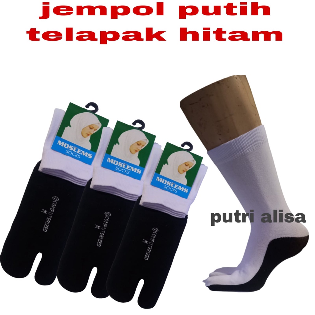 Kaos Kaki Jempol Wanita Perempuan Muslimah Putih Telapak Hitam/Kaos Kaki Jempol Nylon Putih