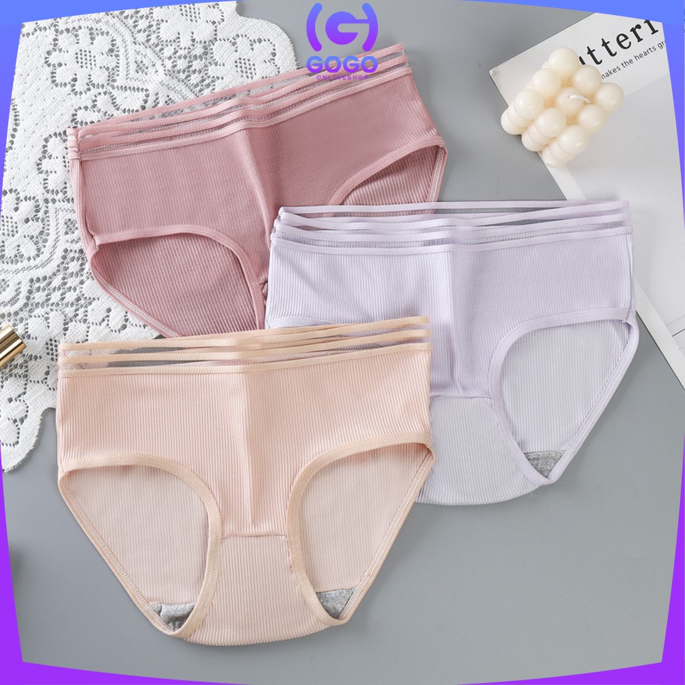 GOGO-P126 Celana Dalam Wanita Cewek Garis Motif Polos Pakaian Dalam Wanita CD Wanita Panties Segitiga Impor