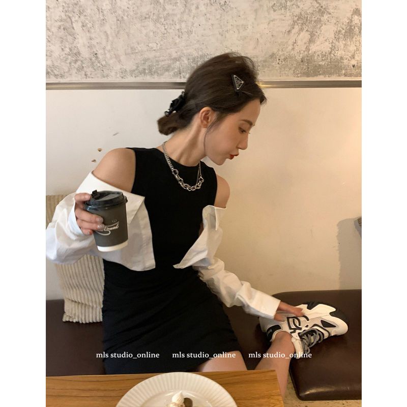 Suhao Bahasa Perancis rasa desain ceruk strapless tas pinggul gaun musim panas wanita splicing kualitas tinggi temperamen palsu dua potong kemeja rok