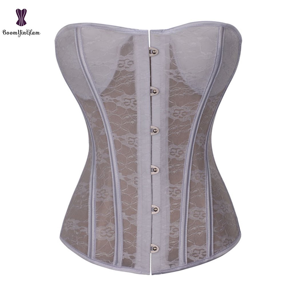 Steel Boned Corset Lace Corselet Solid Black White Korset Overbust Bustier Padded Bra Front Busk Wai