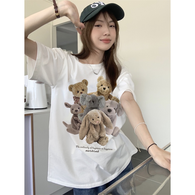 EUNII T-shirt Lengan Pendek Plush Bear Korean Style/Kaos Atasan Wanita/Baju Kaus Oversize Wanita/Kaos Wanita