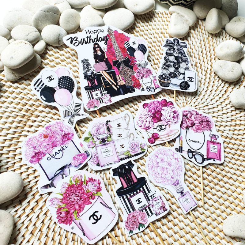 

Chanel Pink Rose Flowers Flower Bunga Perfume Parfum Birthday Cake Topper Cupcake Pudding Hiasan Kue 1 set