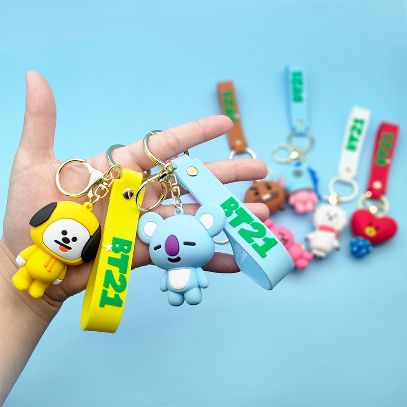 Kpop Bts Bt21 Gantungan Kunci Tali dengan ID Pemegang Kartu Pendek 3D Gantungan Kunci Anti-Lost Sling untuk Kartu Lengan kunci Aksesoris untuk Hadiah Fashion