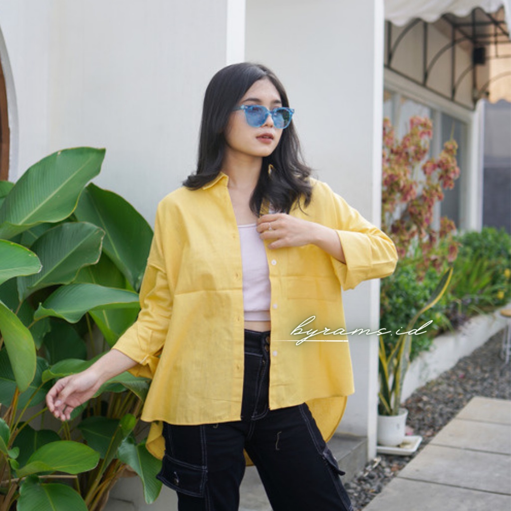 Kemeja Wanita Oversize Linen Olivia Shirt Linen Pocket Oversize-SOFT YELLOW