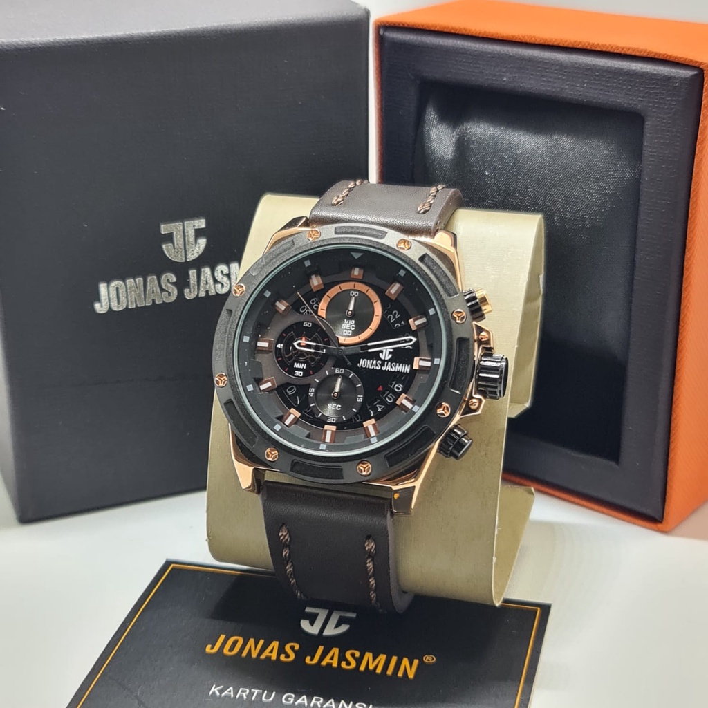 BEST SELLER JAM TANGAN PRIA JONAS JASMIN C195 TALI KULIT CHRONOGRAPH TANGGAL AKTIF DM 4.7CM FREE BOX &amp; BATERAI || JAM TANGAN FASHION PRIA JAM TANGAN COWOK MURAH