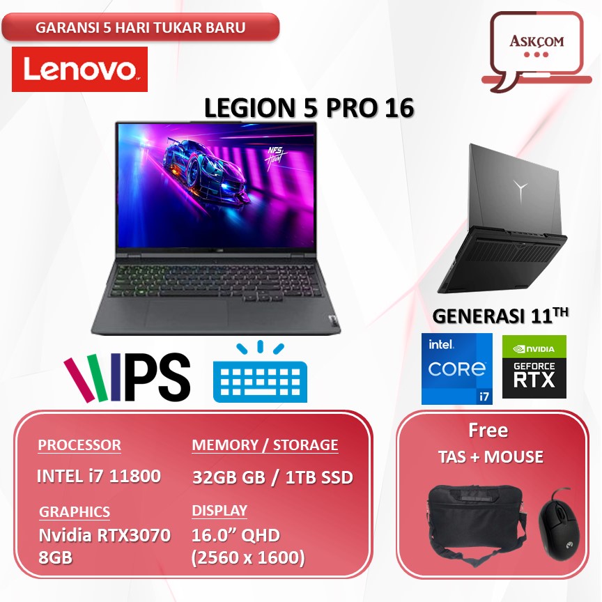 Laptop Gaming Lenovo Legion 5 Pro 16 RTX3070 8GB/ i7 11800 RAM 32GB 1TBSSD W11 16.0QHD IPS 165HZ