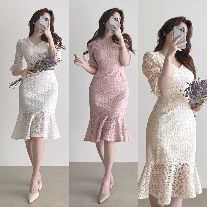 [ADA SIZE JUMBO] Dress Midi Brokat Korean Style Vintage Pesta Bodycon Simple Duyung Size Jumbo
