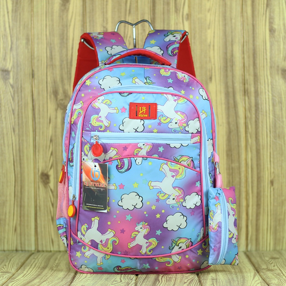 Backpack Sekolah Anak Perempuan Motif Kuda Pony Biru Pink Hitam Ungu Ransel Korean Stylee Tas Anak TK SD Murah UJ STYLEE Free Tempat Pensil Raincover