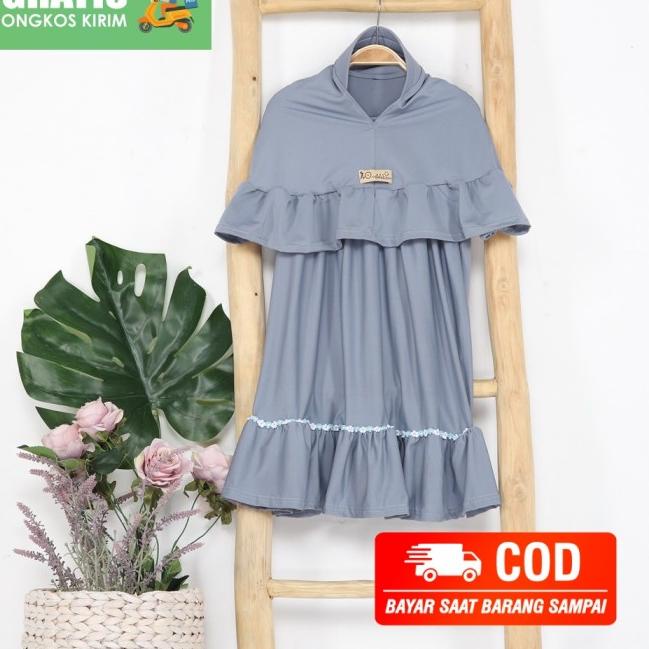 baju gamis putih polos anak fashion muslim dress kids set hijab khimar - Grey, S
