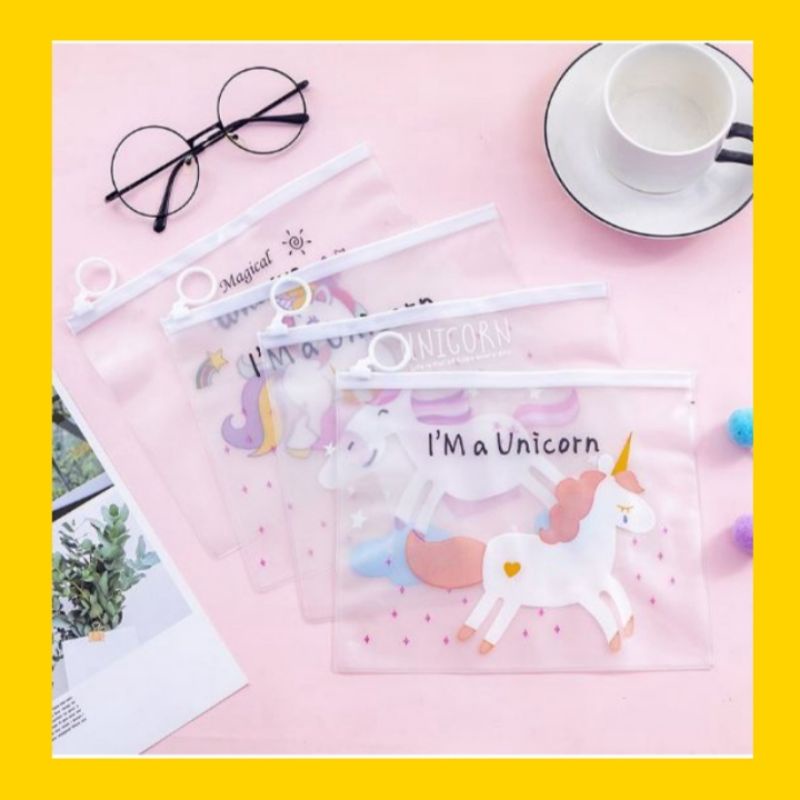 pouch bag mini Zip Lop Kosmeti transparan motif unicorn