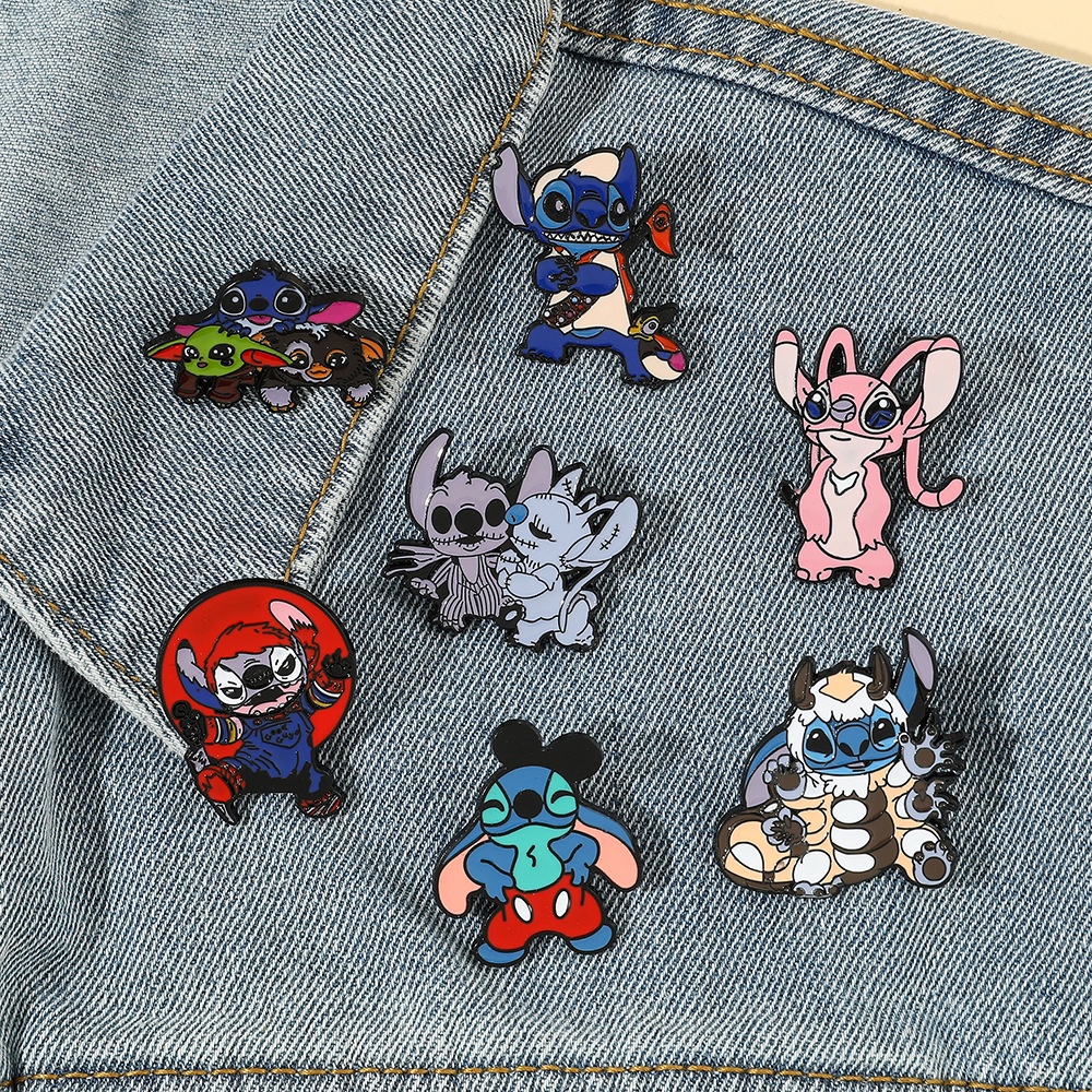 Kartun Stitch Logam Enamel Pin Anime Stitch Bros Lencana Lucu Badge Pakaian Lapel Pin Perhiasan Aksesoris
