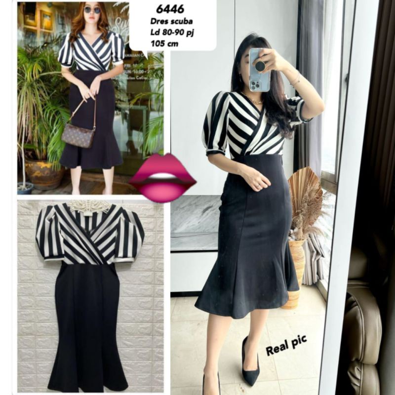 dress mermaid Dress Scuba kombinasi salur Dress scuba import