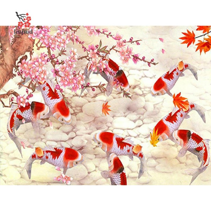 Lukisan Sulaman Berlian Desain Ikan Koi Carp Flower