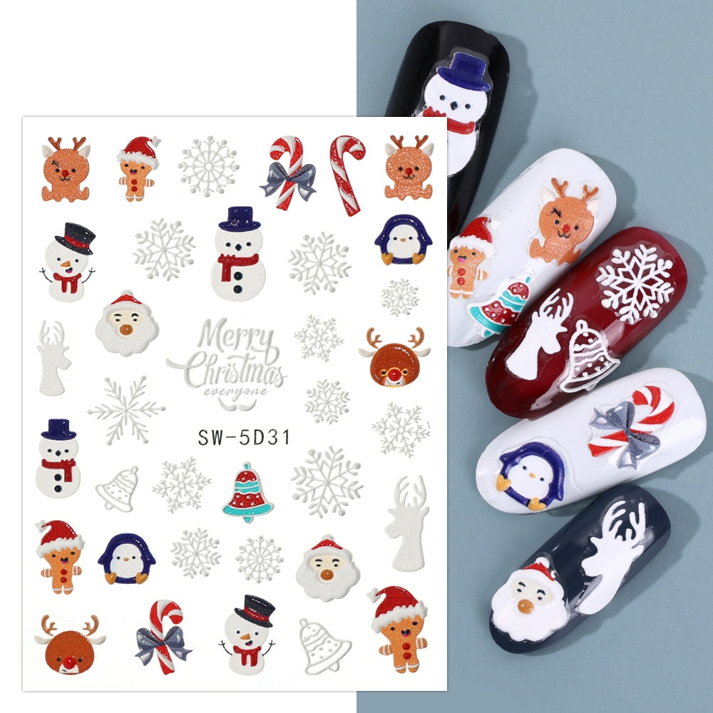 1 Lembar Stiker Nail Art Desain Snowman Snowflake Rusa Natal 5D Untuk Dekorasi Manicure