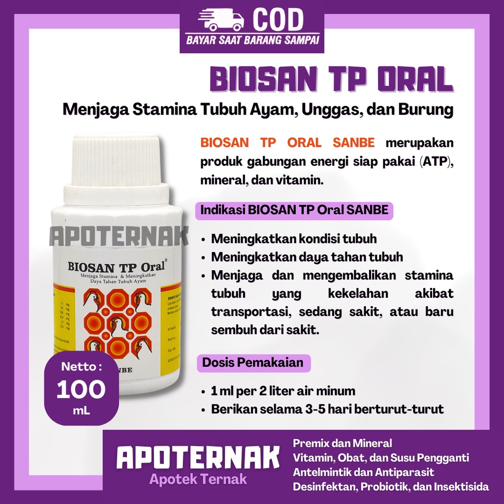 BIOSAN TP Oral 100 ml SANBE | Meningkatkan Stamina Daya Tahan Tubuh Ayam Unggas dll | Apoternak