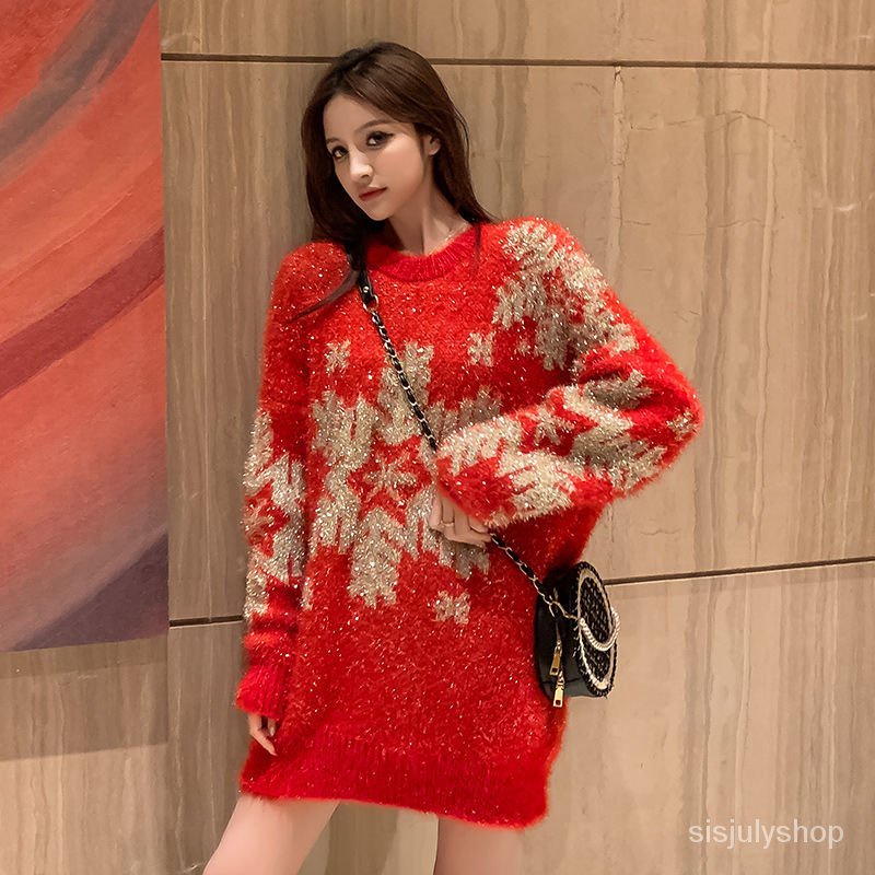 Musim gugur dan musim dingin jumper Natal merah wanita pertengahan panjang malas longgar menebal lem