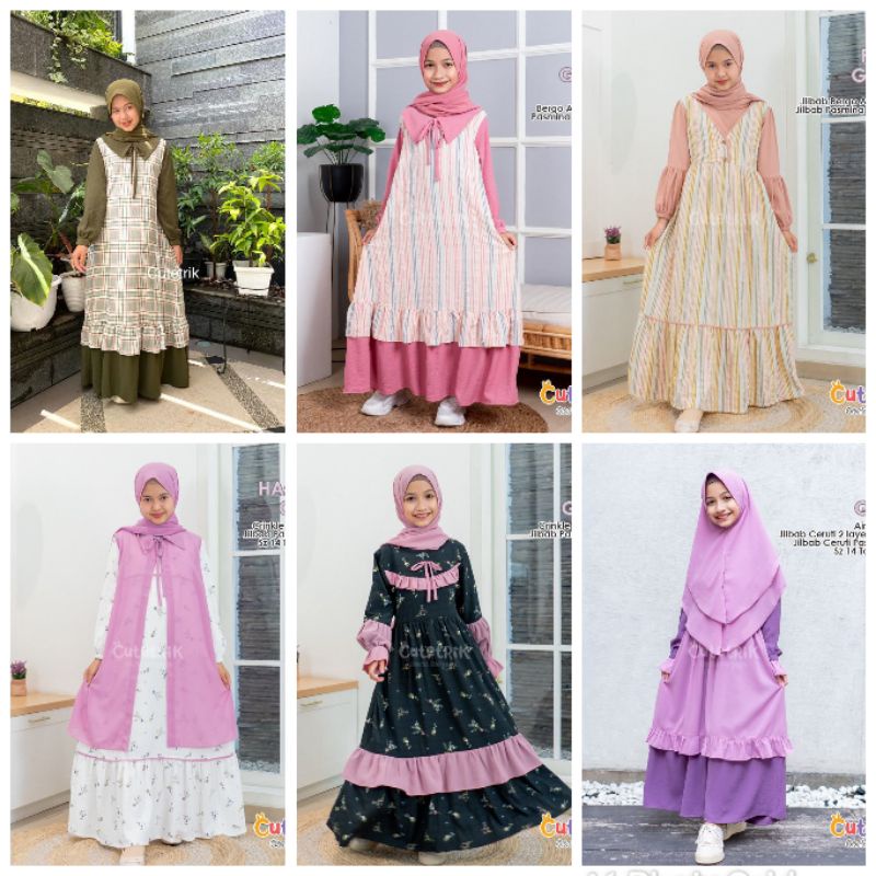 Cutetrik Baju Muslim Anak Perempuan Gamis Anak Remaja Free Kerudung Pashmina 5-12th