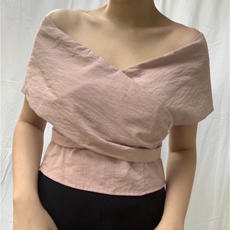 LOVE BONITO tyara cross off shoulder front crop top basic simple premium brand branded polos merah m