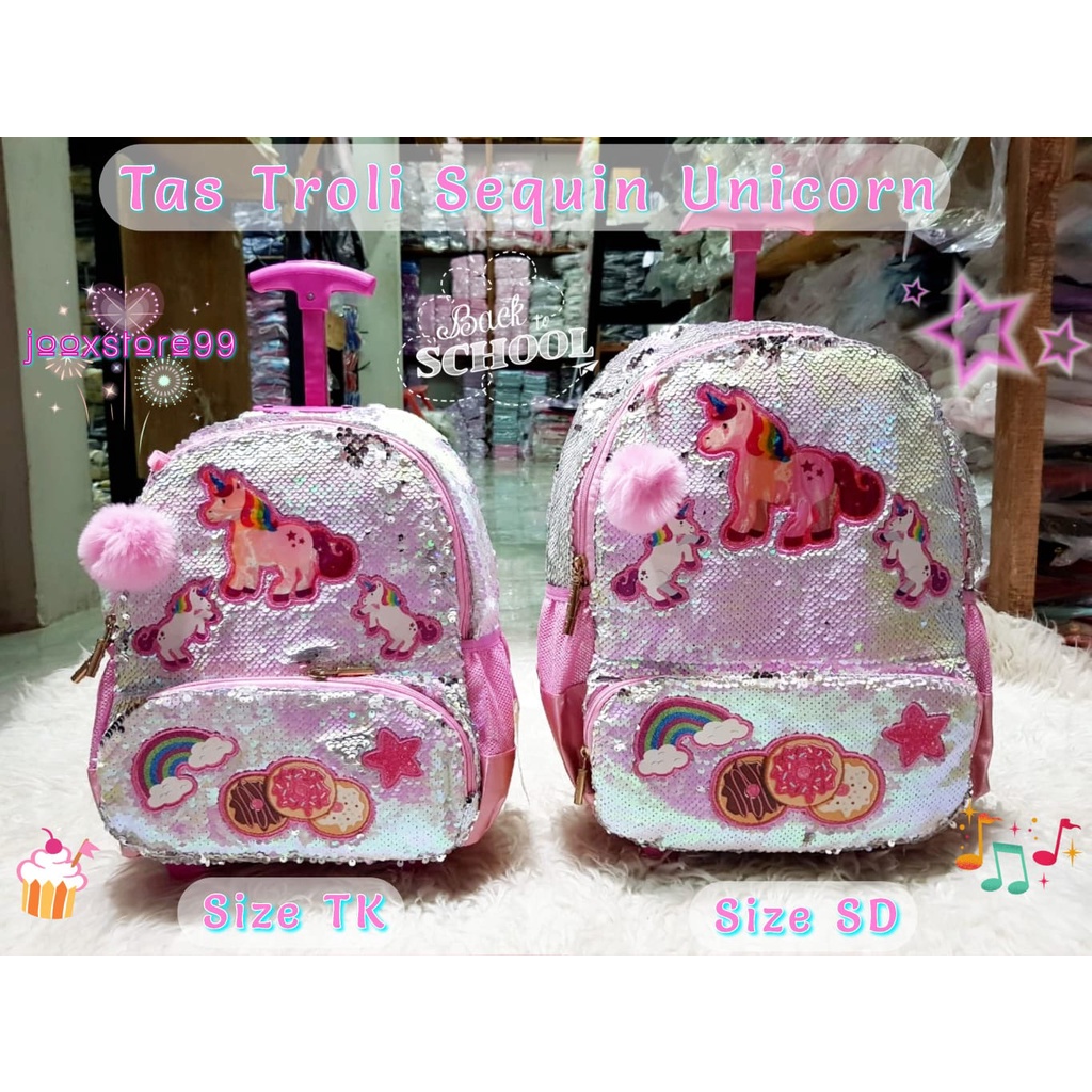 Tas Sekolah Troli Anak SD dan TK Motif Unicorn dan LOL Tas Trolley Dorong Sequin Usap Anak Perempuan Tas import