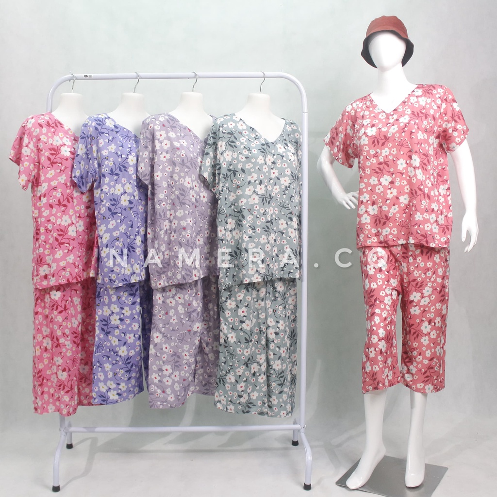 Baju Tidur Wanita | Piyama Vneck | Kulot Celana Pendek 7/8 |  Setelan Oneset Rayon Model Celana 7/8