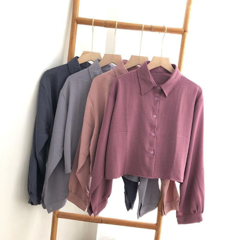Kemeja Crop Crinkle Crop Top Korea Wanita Style Kemeja Crop Crincle Baju Crop Cewek Kemeja Crinkle A