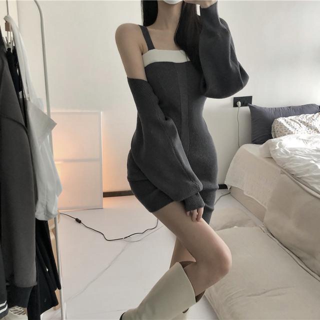 Red One-Piece Suit Pendek Rajutan Cardigan Wanita Lengan Panjang Bahasa Perancis Longgar Gaya Malas Kasual Selendang Jaket Sweater top