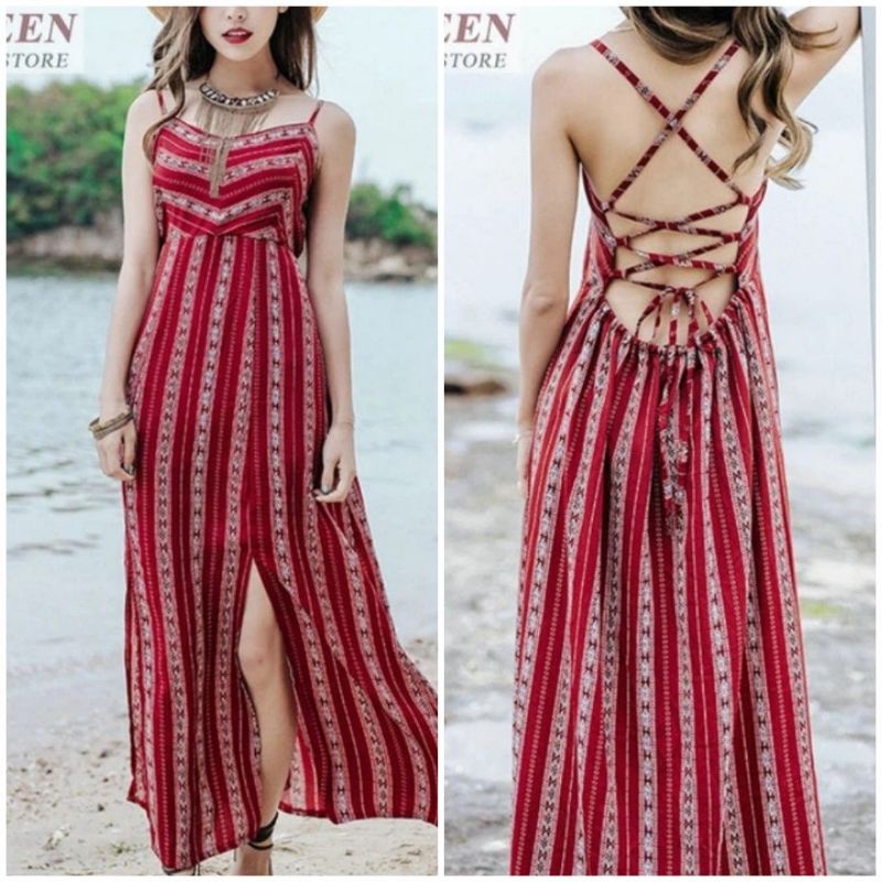 [IMPORT] Long Dress Pantai Motif Bali Etnik Boho Backless Tali Belakang Merah