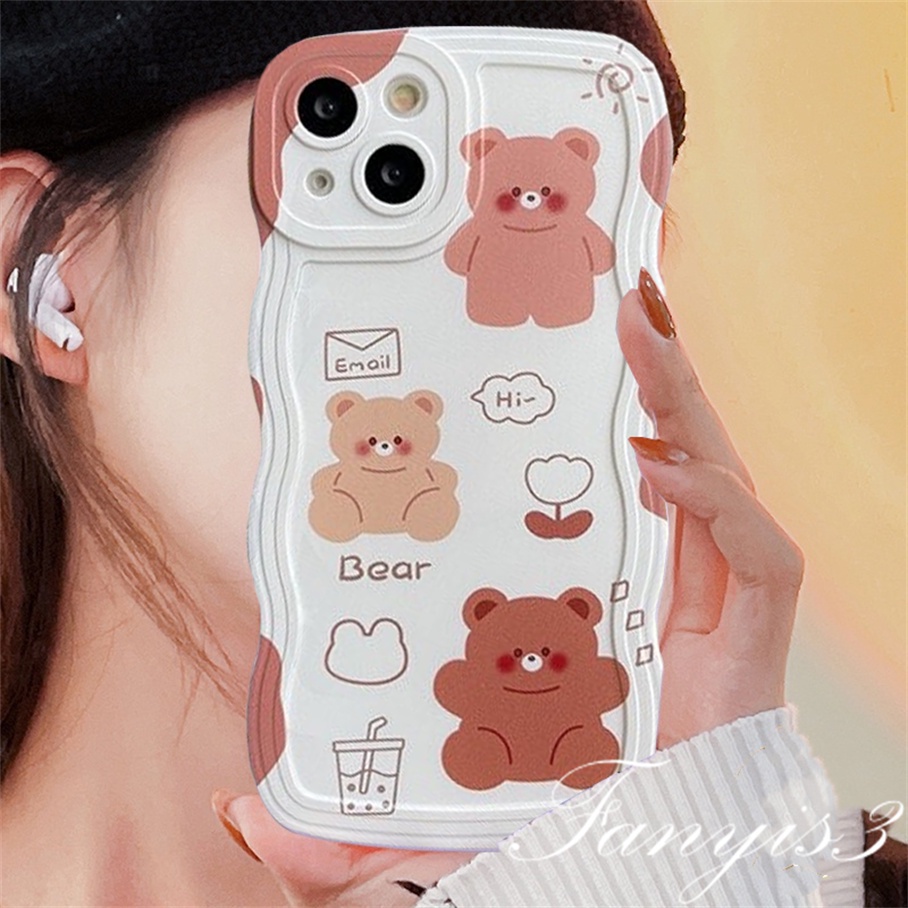 Redmi 12C A1 10C 10A 10 9 9A 9C 9T Note 11 Pro+ 11s 11 10s 10 9s 9 8 Pro Poco X4Pro X3 Pro X3NFC M4 Mi 11 Lite 10TPro Cute Bear Wave Frame Phone Case TPU Soft Cover Casing TPU Motif Beruang