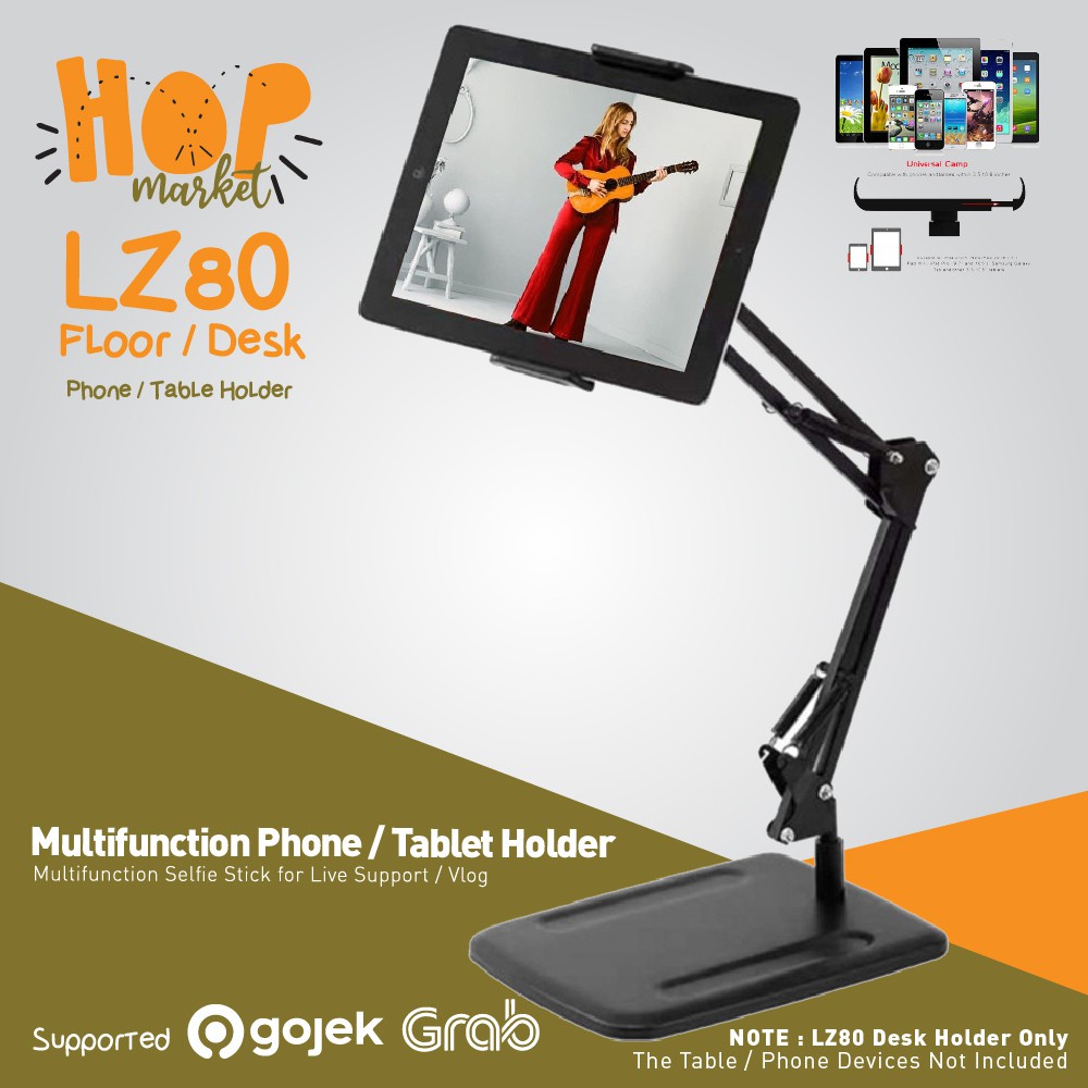 LZ80 Lazypod Besi Stand Metal for Smartphone HP / Tablet Ipad Holder 10.5" (Kasur / Meja / Lantai)